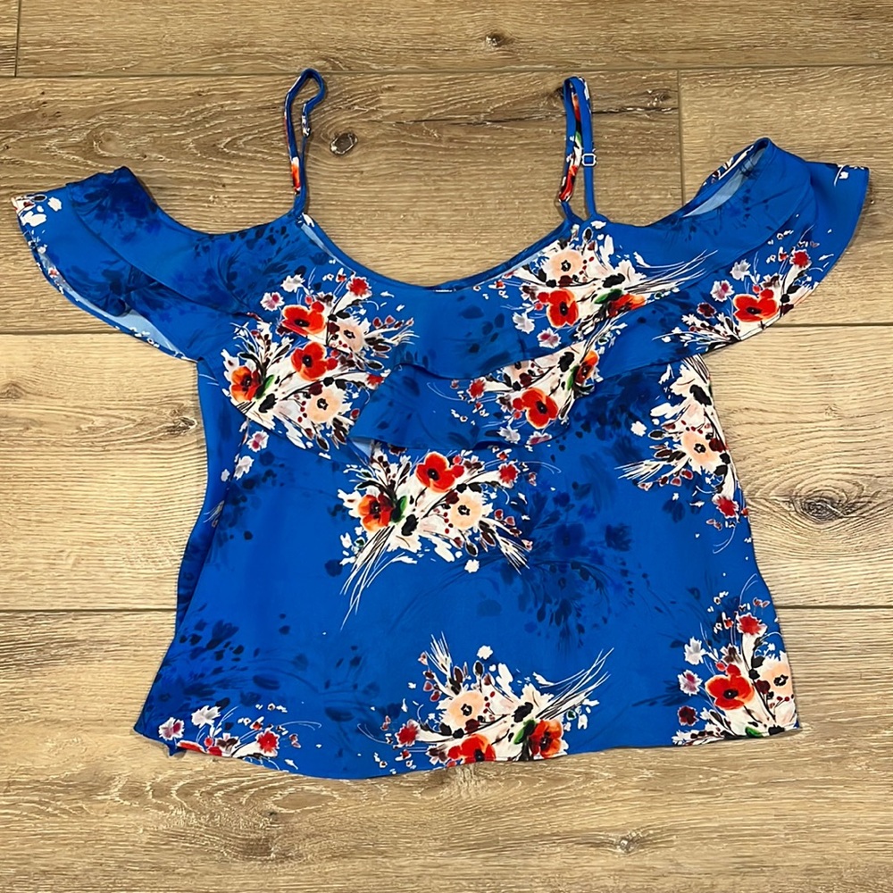Willow & Clay Blue Floral Off Shoulder Blouse Women's Medium Boho Flowy Top